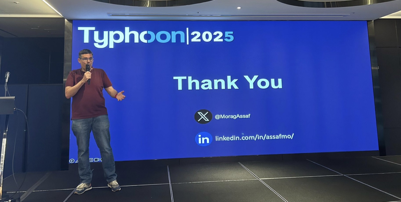 Assaf Morag at TyphoonCon 2025, Thank You slide on screen